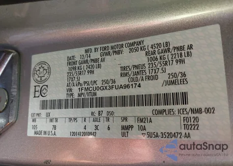 2015 Ford Escape Se from USA, damaged, VIN 1FMCU0GX3FUA96174
